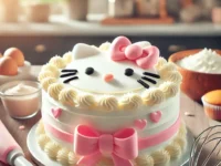 A homemade Hello Kitty-themed cake decorated with white frosting, pink bows, and the iconic Hello Kitty face, placed on a kitchen countertop surrounded by baking tools like a whisk and piping bag.